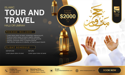 Islamic Ramadan Hajj & Umrah Brochure or Flyer Template Background Vector Design With praying hands and mecca Illustration in 3D realistic design.