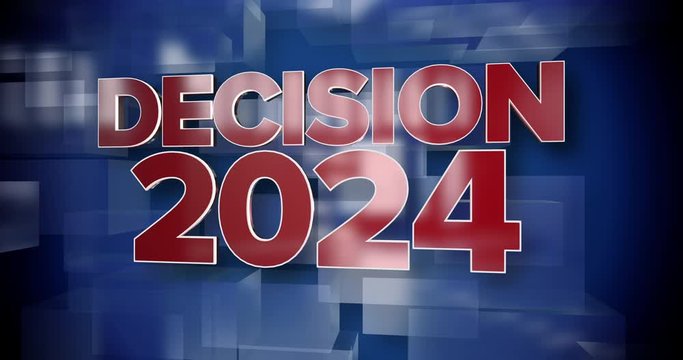 A red and blue dynamic 3D Decision 2024 news title page animation.  	