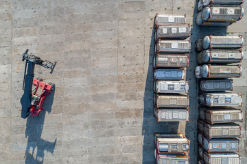 large street warehouse of tankers shooting from a height