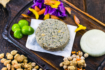 Vegan dessert or snack. Meatless food based on various vegetables, seeds and protein, such as soybeans, chickpeas, tomatoes, onions, red cabbage, peppers and others. Concept of healthy life or diet.