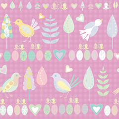 Easter chick seamless vector pattern background. Cute decorated bird folk art illustration. Scandinavian style baby chickens and spring symbols on gingham backdrop. Christian celebration concept.