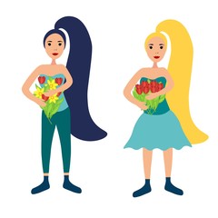 Girls blonde and brunette with bouquets of tulips in hands in a flat style isolated on white background. Stock vector illustration for decoration and design, packaging, Easter, greeting cards, banners