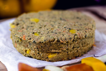 Vegan dessert or snack. Meatless hamburger based on various vegetables, seeds and protein, such as soybeans, chickpeas, tomatoes, onions, red cabbage, peppers and others. Vegan life.