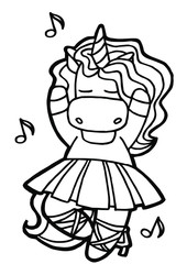 Vector illustration. Hand drawing. Cartoon ballerina unicorn. Dancing in a tutu. Isolated on white. Coloring page. Cute character. The original print. 