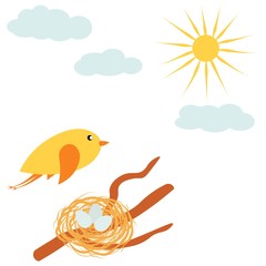 A bird flies over a nest with eggs on a branch in a flat style isolated on white background. Stock vector illustration for decoration and design, children's books and coloring books, packaging, Easter