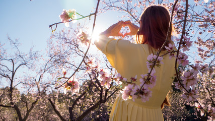 Naklejka premium Beautiful pregnant woman maternity photoshoot in blooming early spring flowers with her hands in heart shape showing care and healthy lifestyle
