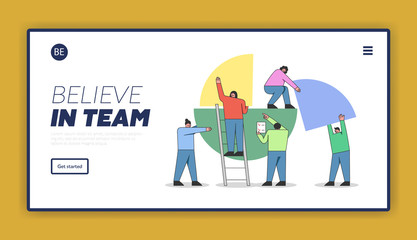 Concept Of Financial Statement Forming And Business Report. Website Landing Page. People Connecting Together Pieces Of Big Pie Chart. Web Page Cartoon Outline Linear Flat Style. Vector Illustration