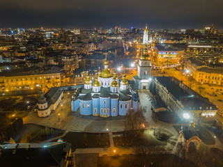 Aerial night drone view. St. Michael's Cathedral in Kiev with evening illumination