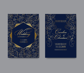 Gold and blue greeting or invitation card template design. Wedding ornament or birthday and anniversary backdrop. Vector set of card with fantasy small flowers