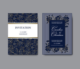 Gold and blue greeting or invitation card template design. Wedding ornament or birthday and anniversary backdrop. Vector set of card with fantasy small flowers