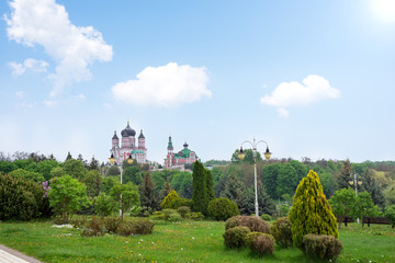 Naklejka premium Public park landscape with view of big Church and decorative trees composition on a blue sky background.