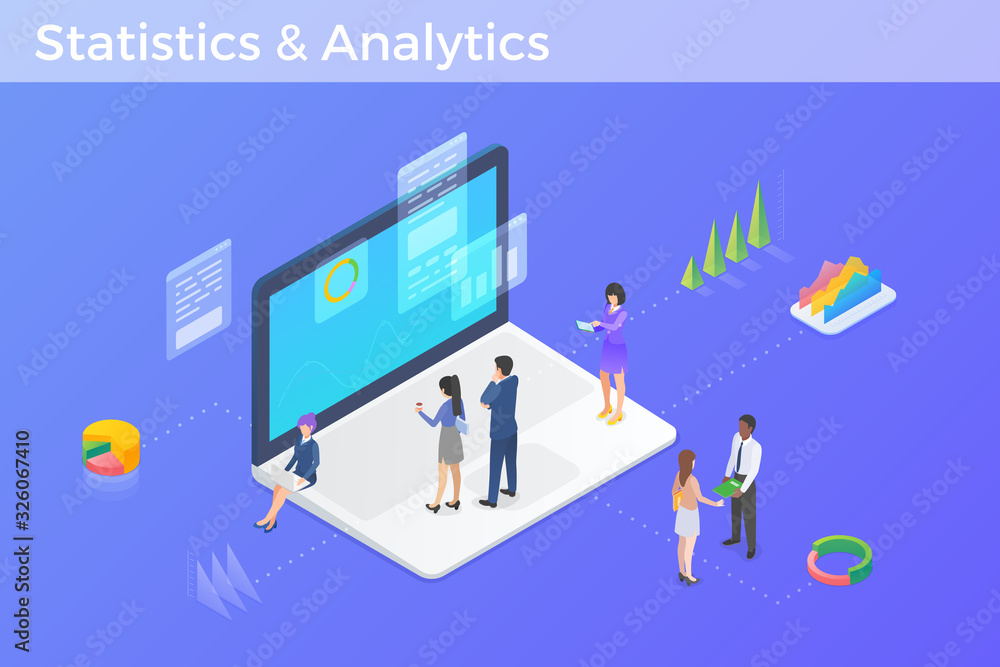 Poster statistics analyse data information on laptop notebook isometric flat design vector illustration.