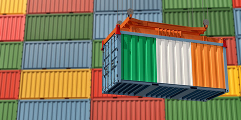 Freight container with Ireland flag. 3D Rendering