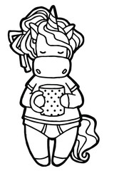 Vector illustration. Hand drawing. Sleepy cartoon unicorn with a cup in hand. Isolated on white. Coloring page. Cute character. The original print. Morning routine.
