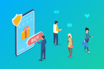 Safe Security Mobile Shopping Payment by Smartphone Mobile Phone Isometric flat vector design illustration