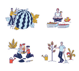 Gathering Harvest Activity Concept. People Men and Women are Working Together On The Farm, Planting Plants, Gathering Fruits in The Garden. Set Of Cartoon Linear Outline Flat Vector Illustrations