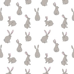 Seamless pattern with beautiful rabbits on a white background. Stock vector illustration for decoration and design, packaging, wallpaper, fabrics, postcard, web pages, wrapping paper, Easter, textile
