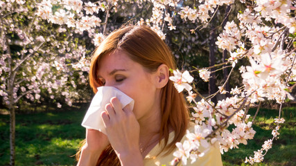 A pregnant woman is suffering from allergy in spring with the early flowers that bloom in spring
