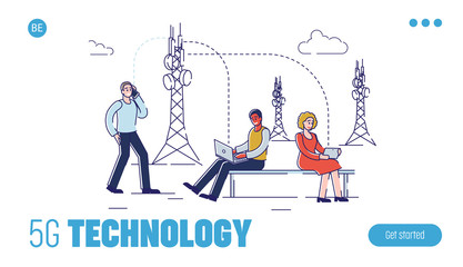 5G Technology Concept. Website Landing Page. People Are Using High Speed Wireless Modern Internet Technology for Communication and Gadgets. Web Page Cartoon Linear Outline Flat Vector Illustration