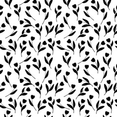 Seamless pattern of spring flowers of black tulips on a white background. Stock vector illustration for decoration and design, packaging, wallpaper, fabrics, postcards, web pages, wrapping paper