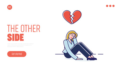 Concept Of Human Behavior and Negative Emotions. Website Landing Page. Woman Cry, Feel Broken, Because Of Conflict In Relationships. Web Page Cartoon Linear Outline Flat Style. Vector Illustration