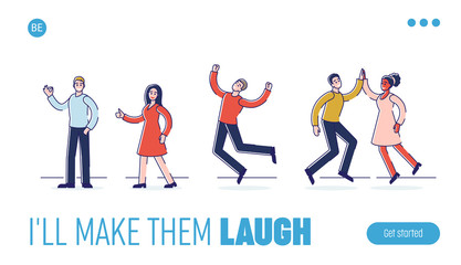 Human Positive Emotions And Happiness Concept. Website Landing Page.Group Of Happy People Are Expressing Positive Emotions Doing Hand Gestures.Web Page Cartoon Flat Outline Linear Vector Illustration