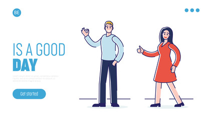 Human Positive Emotions And Happiness Concept. Website Landing Page. Man And Woman Express Positive Emotions Showing Ok And Thumb Up Signs. Web Page Cartoon Flat Outline Linear Vector Illustration