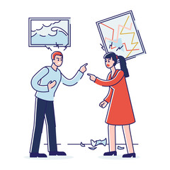 Concept Of Human Negative Emotions And Behavior. Man And Woman Expressing Negative Emotions Shouting, Breaking Things, Complain And Grudge. Cartoon Linear Outline Flat Style. Vector Illustration