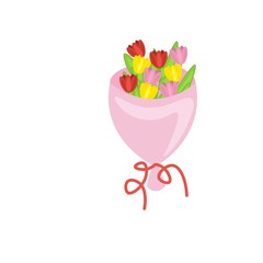 Bouquet with spring tulips in a pink wrapper isolated on a white background. Stock vector illustration for decoration and design, packaging, fabrics, postcards, web pages, Women's Day, poster, banner