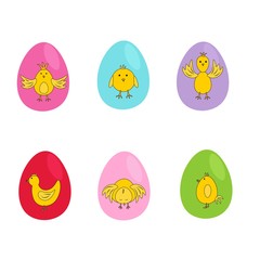 Set of easter eggs with cute chickens on them in flat style isolated on white background. Stock vector illustration for decoration and design, packaging, Easter, postcards, banners, posters, web pages