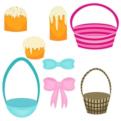 Easter set of baskets and cakes in flat style isolated on white background. Stock vector illustration for decoration and design, packaging, Easter, postcards, banners, posters, web pages, fabrics