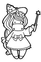 Vector illustration. Hand drawing. Cartoon witch unicorn with a magic wand in hand. Isolated on white. Coloring. Cute character. Original print. Halloween illustration.