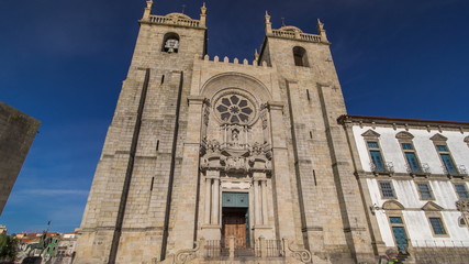 Porto Cathedral or Se Catedral do Porto timelapse . Romanesque and Gothic architecture. Unesco World Heritage Site
