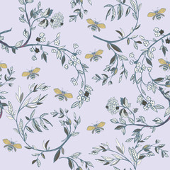 Branches of flowering trees vector illustration. Seamless pattern with bees, twigs, leaves and flowers