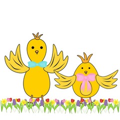 Two cheerful chicken with raised wings near the tulips in a flat style isolated on white background. Stock vector illustration for decoration and design, packaging, Easter, postcards, banners, posters