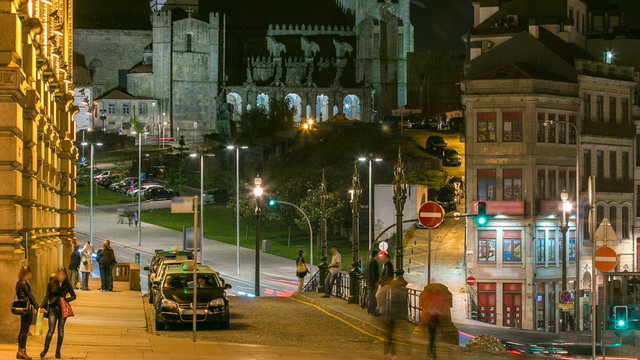 The crossroads with the Sao Bento Railway Station and Porto Cathedral timelapse.