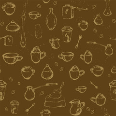 Pencil drawing of coffee elements, mugs, coffee grinder, spoons, turk for making coffee. Vector illustration.