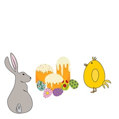 Chicken and hare near easter cakes and eggs in flat style isolated on white background. Stock vector illustration for decoration and design, packaging, Easter, cards, banners, posters, web pages