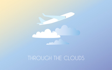 White plane in the blue sky flying through the clouds.