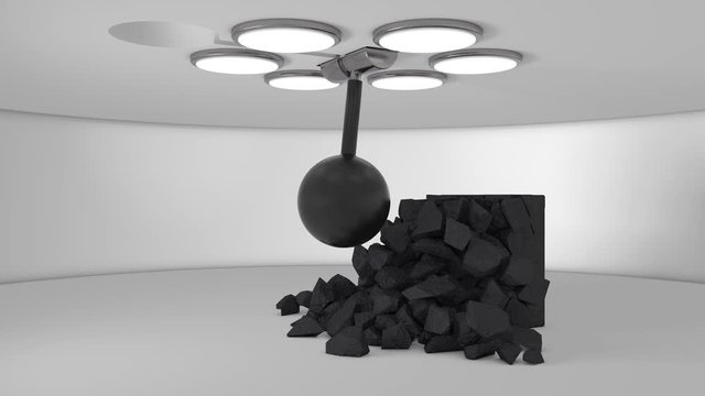 3D Animation Of A White Room With A Cubic Anthracite Stone And The Destruction Of Coal By A Round Falling Impact Machine.