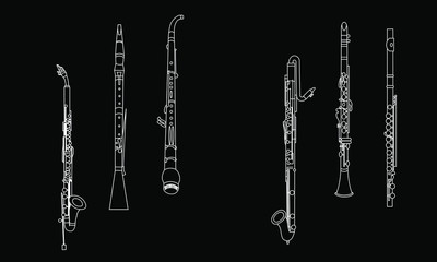 White outline alto clarinet, oboe, English horn, bass clarinet, soprano clarinet and flute, the contour of musical instruments on a black background - obrazy, fototapety, plakaty