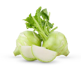 Fresh kohlrabi with green leaves on white backround. full depth of field