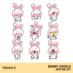 Cute Funny Bunny Doodle Gesture Character Set Volume 2. Illustration for Print, Decoration, Sticker, Web