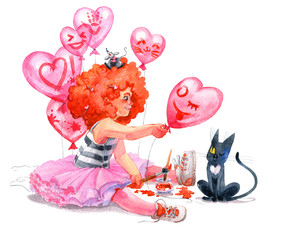 Funny red-haired girl congratulates the cat on Valentine's Day. Painted pink balloons. Watercolor illustration, Valentine.