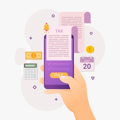 Online tax payment service through computers and mobile phones design concept with tiny people vector illustration