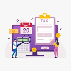 Online tax payment service through computers and mobile phones design concept with tiny people vector illustration