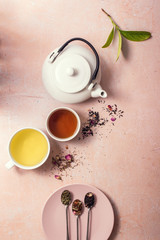 Tea concept, different kindes of tea, teapot