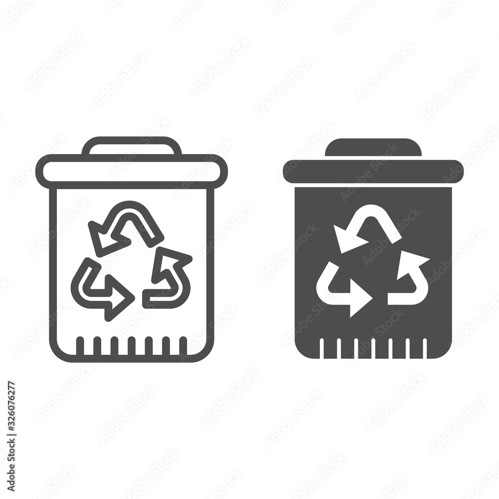 Poster recycle bin with recycling sign line and solid icon. plastic bucket for waste sorting. zero waste de