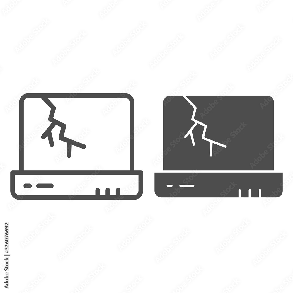 Poster broken laptop line and solid icon. notebook screen with crack, device with cracked display. zero was