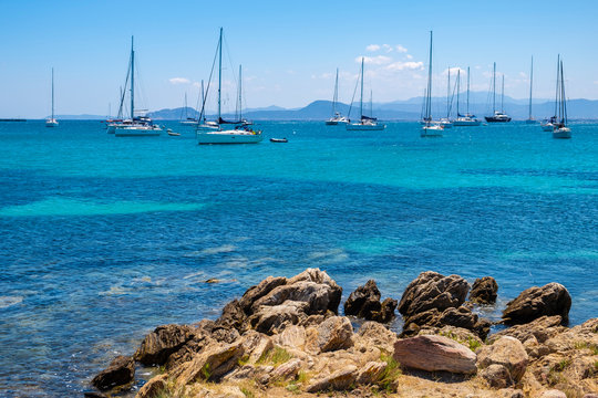 Golfo Aranci, Sardinia, Italy - Panoramic view of Golfo Aranci harbor by the yacht port - Marina di Golfo Aranci - at the Tyrrhenian Sea coast